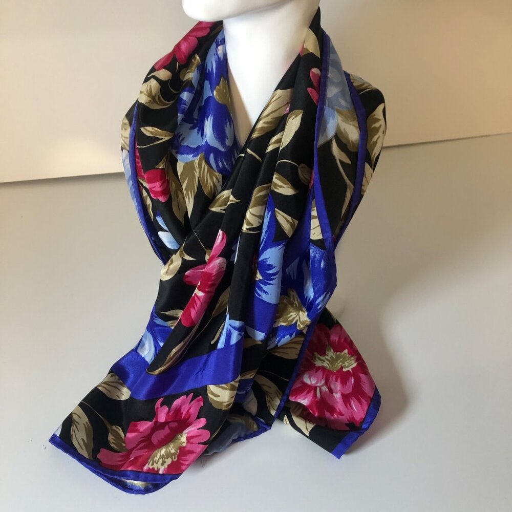Floral Black Scarf Vivid Pink Blue Flowers Polyester Square Feminine